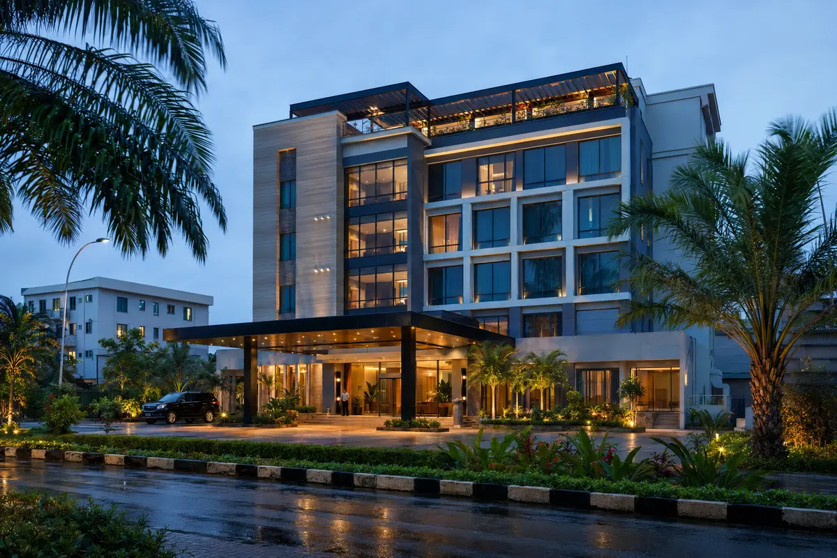 Fictional business hotel exterior