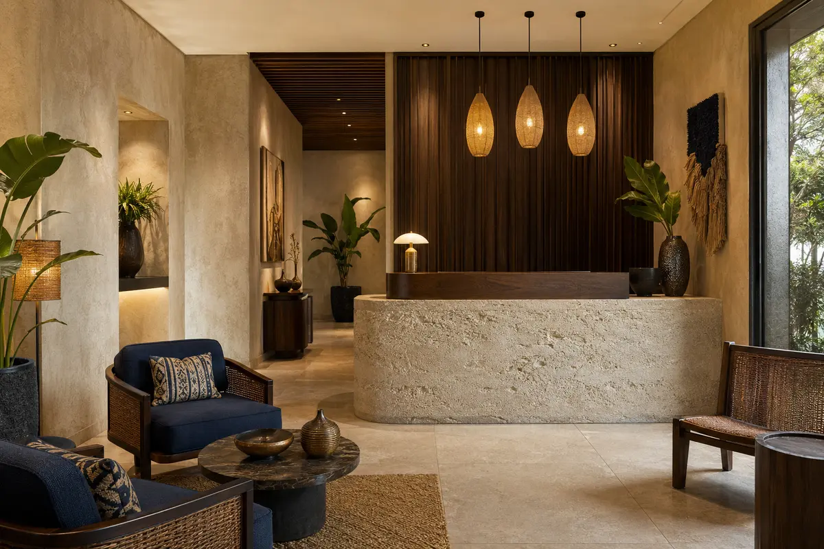 Fictional boutique hotel lobby